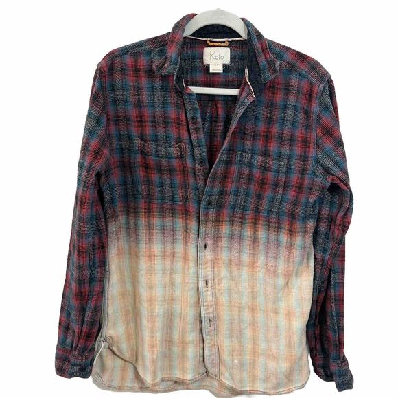 KOTO Dip Bleached Ombre Plaid Flannel Shirt Button Up SIZE Small - Picture 1 of 4